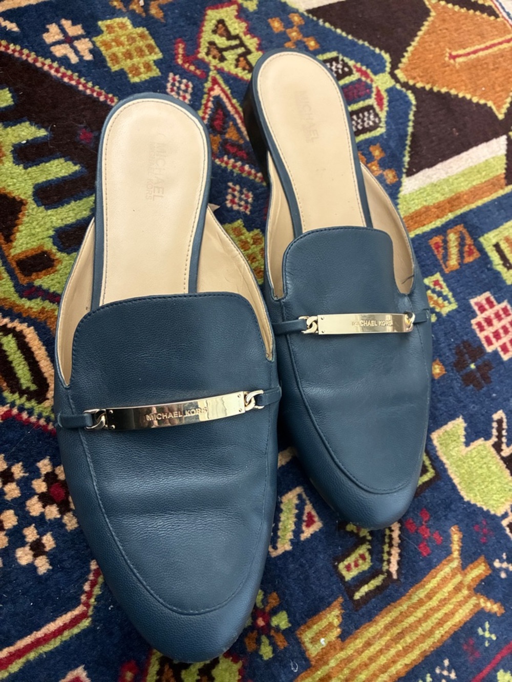 MICHAEL Michael Kors Navy Leather Slip-On Mules with Gold Bar